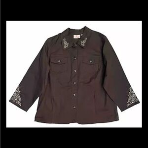 Quacker Factory Scroll Embellished Woven Jacket/Shacket Size XL Charcoal Grey